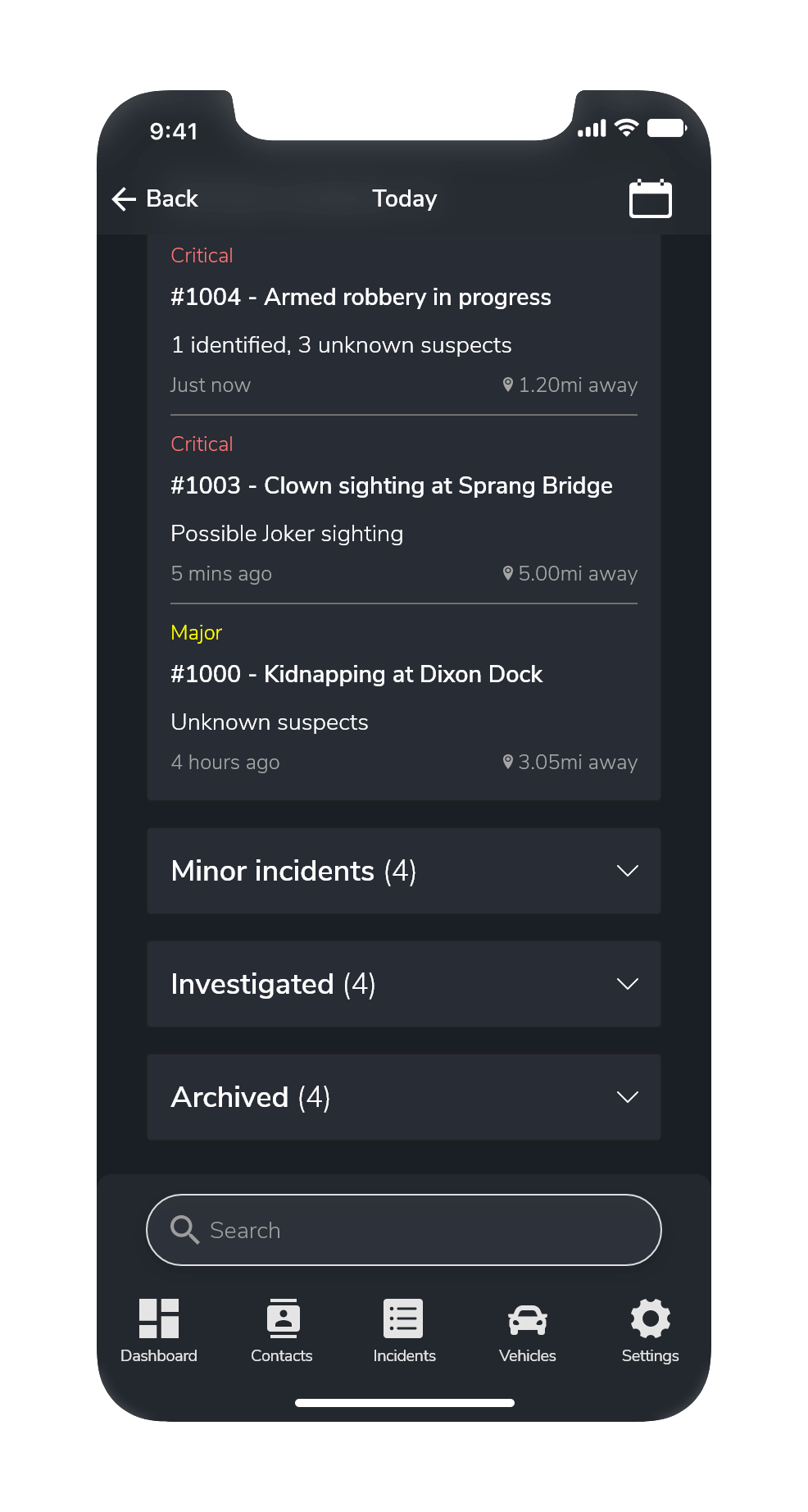 A screenshot of the incident list showing other incident categories in their collapsed state.