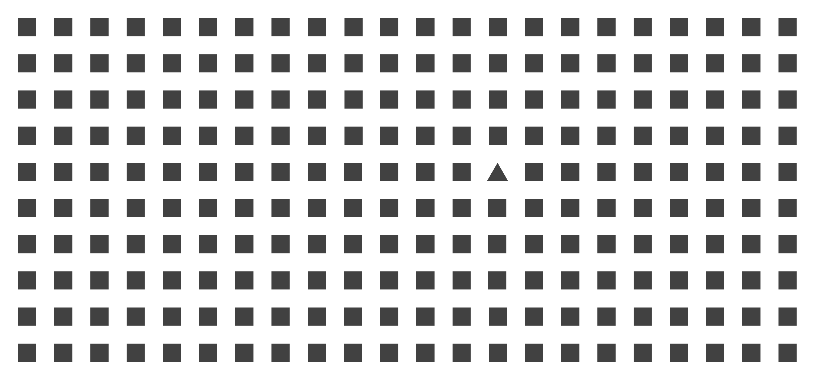 A series of squares and one triangle using the same colour. It's easy to spot the triangle even though the colours are the same because it's form stands out